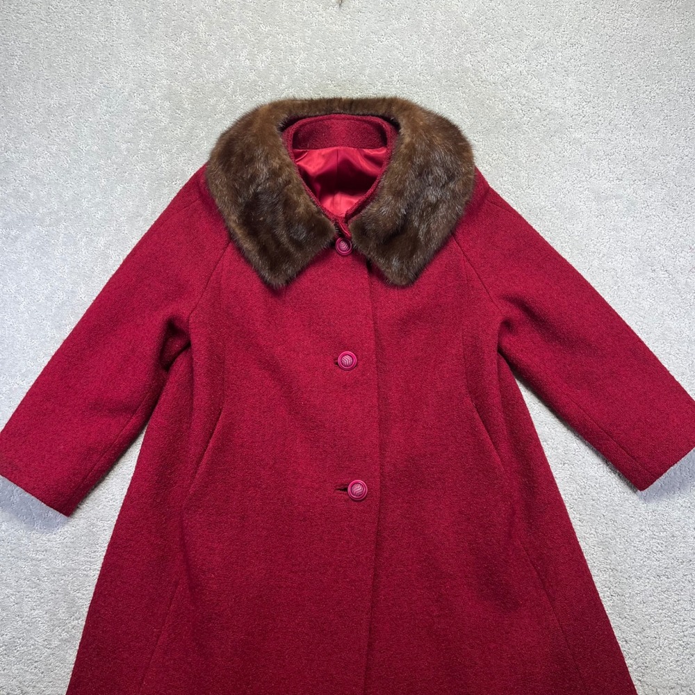 VINTAGE Shagmoor Overcoat‎ Womens Red Wool Tweed Fur Collar Union Made 50s 60s